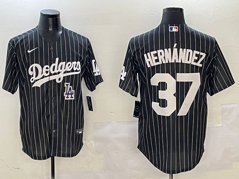 Men Los Angeles Dodgers #37 Hernandez Black Stripe Jointly Name 2025 Nike MLB Jersey style 11